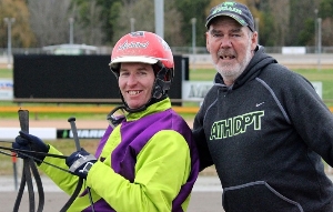 Michael Bellman pictured with trainer Ken Browne after Hi Tech Fury's win at Warragul Pacing Bowl. 