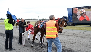 Jason Lee chats with Rob Auber after guiding El Paco to the Maryborough Trotters Cup.