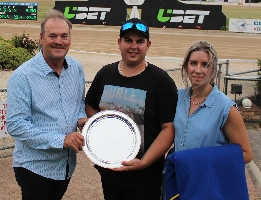 Lance Justice with winning trifecta trainer Chris Neilson and partner Kristen Harris