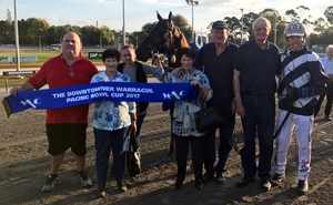 Mister Wickham's connections celebrate his Warragul Cup win.