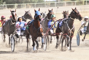 Neville Condon (left) in his blue, red and white silks at Cootamundra's Carnival of Cups meeting in 2016.