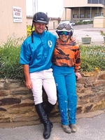 DANI HILL in her teal pants with teal supporter, clerk of the course Gordon Carter.
