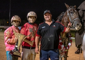 PHOTO: Lauren Tritton, Lachie Manzelmann and Shane Tritton with Yayas Hot Spot after winning the Newcastle Mile.