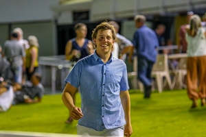 Justin Prentice on the lawn at Gloucester Park last night after Dracarys gave him his 500th win as a trainer