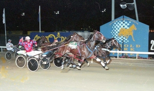 The iconic finish of the 2001 Miracle Mile at Harold Park won by Steve Turnbull and Smooth Satin.