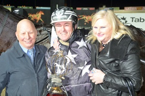 Ted & Meryn Demmler with Geoff Webster after he steered Charlie Machsheen to Group 1 victory