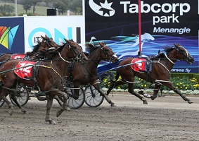 Shes A Runa, thanks to a dream peg-run, wins the Form 700 NSW Oaks at Tabcorp Park Menangle today.