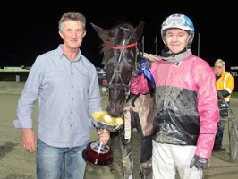 Trainer Mick Blackmore, Claudys Princess and driver Gavin Lang after winning the Glenferrie Farm Victoria Trotters Oaks.