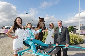 Duncan McPherson, pictured with Teal Pants ambassadors, has a huge weekend of harness racing ahead. 