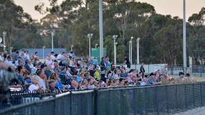 The crowd watches the trots at Bendigo. 
