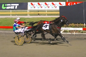 Victory: Our Hi Jinx and Greg Sugars claim the opening leg of the Australian Pacing Gold Grand Circuit season, the $200,000 QPC at Albion Park