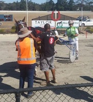 Trainer Dean Braun and driver Greg Sugars with Im Corzin Terror after his Hamilton Pacing Cup win. 