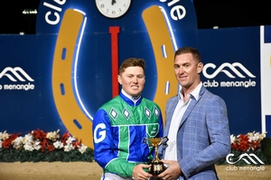 Driver Josh Gallagher and trainer Jason Grimson after their Inter Dominion win with Boncel Benjamin at Menangle on Saturday night.
