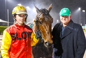 Jack Callaghan and trainer Michael Doltoff with Lets Get Rockin.