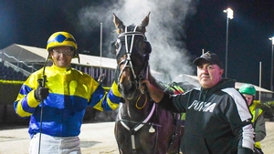 Trainer Kevin Pizzuto with Loorrim Lake and driver Wes Komorowski.