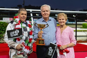 Trainer Grant Dixon with Kevin and Kay Seymour after Leap To Fames Interdominion win.