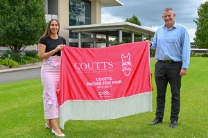 PACING FOR PINK- Pictured is Luisa Gaetani, Partner at Coutts Lawyers & Conveyancers with Bruce Christison, Chief Executive Officer at Club Menangle.