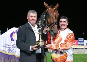 Steve O'Donoghue and Todd Matthews celebrate Staccato's 3YO Vicbred success. They are hoping to also win the 4YO trophy.
