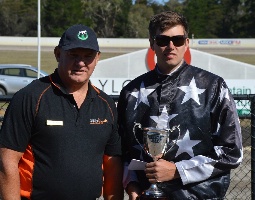 Hamilton president Wayne Yole with Emmett Brosnan after winning Trotters Cup aboard Action Kosmos.